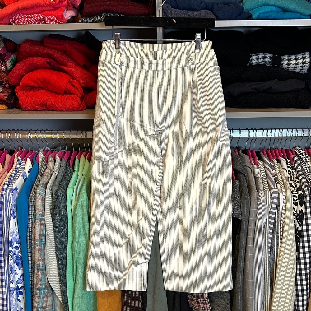 Zara white/blue striped side zipper 2 pocket cropped wide leg pants size M